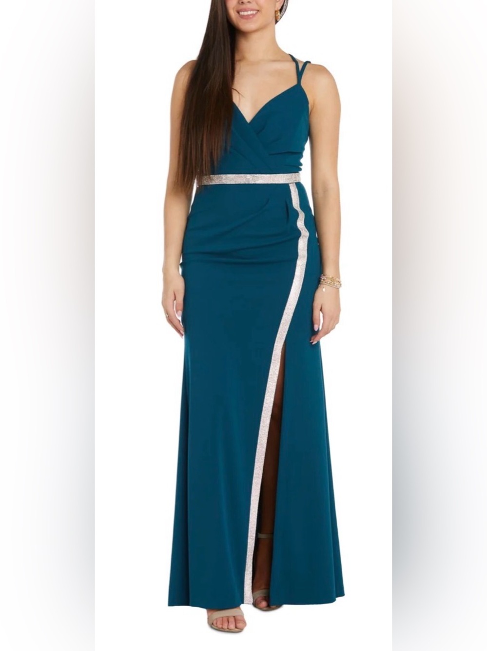 Teal Maxi Dress with Silver Accent Waist and Side Trim